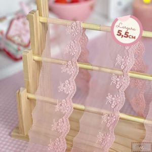 RN566 - Renda de Tule Tingida Floral ROSA FRUIT (LARGURA - 5,5cm)