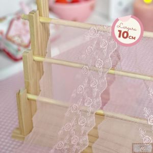 RN567 - Renda de Tule Tingida LARGA ROSA FRUIT (LARGURA - 10cm)